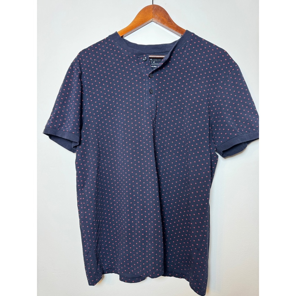 Kenneth Cole New York Mens Henley Shirt Navy Blue Red Micro Print Stretch Size M